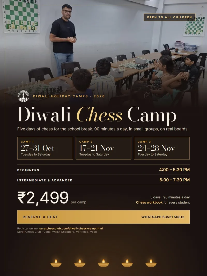 Diwali Chess Camp 2026 poster: Surat Chess Club, Vesu. Camps 27–31 Oct, 17–21 Nov and 24–28 Nov, Beginners 4–5:30 PM, Intermediate and Advanced 6–7:30 PM, ₹2,499 per camp